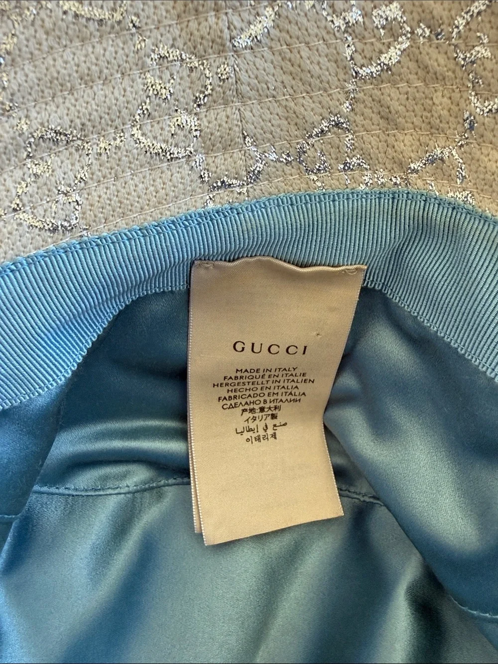 Gucci Beige Monogram Bucket Hat with White GG Overlay